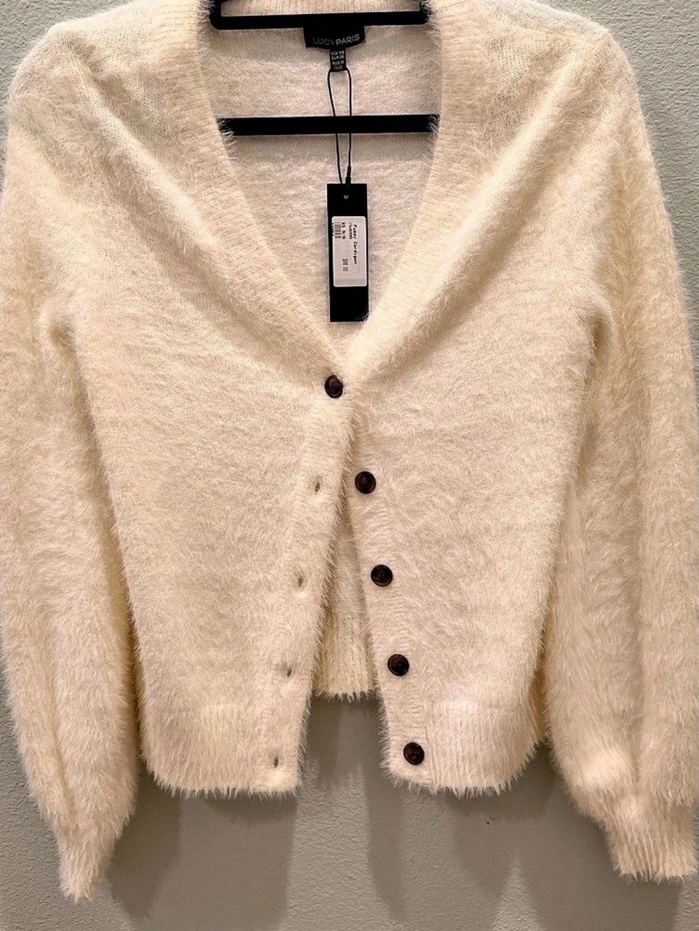 Lucy Paris Fuzzy V-Neck Cardigan (XS) Set with tank style base sweater (S)Cream